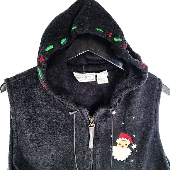 Vintage Erica Sport Black Hooded Christmas Santa Claus Fleece Sweater Vest - Picture 2 of 7